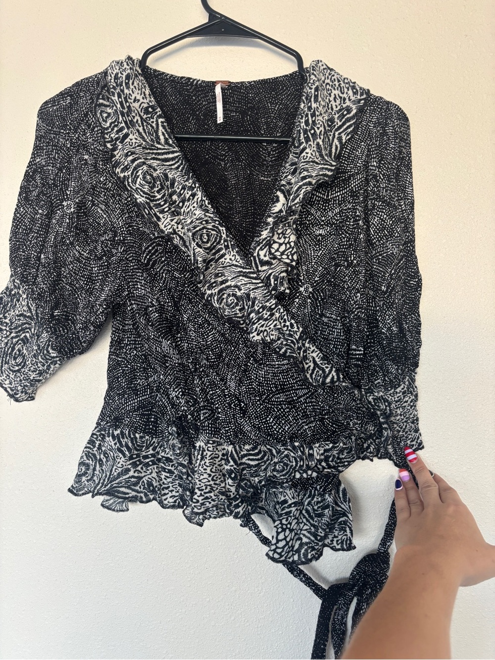 Free People Black & White Printed Wrap Blouse